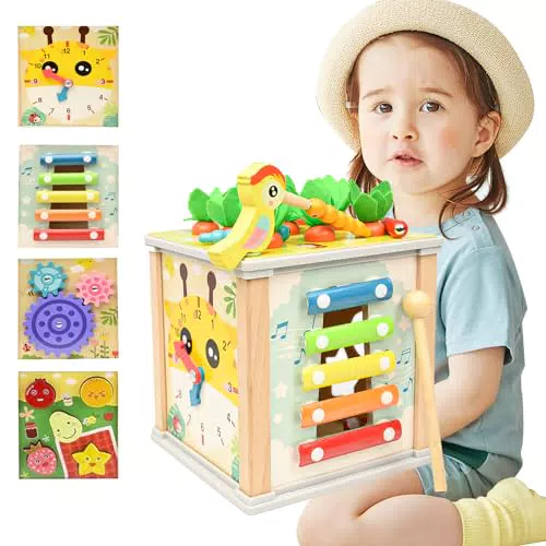 Kikuo Cubo di Abilità Motorie 6 In 1, Legno Giochi Montessori
