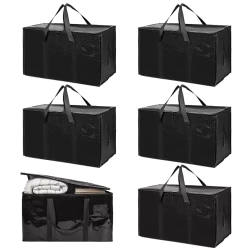 KYYGKY 6 Pezzi Grande Borsa Portaoggetti Borsa Resistente Grande Portaoggetti con Cerniera e Manici Nera Borse Trasloco Vestiti Scatole Sotto Letto Contenitore Vestiti per Vestiti Coperte Trapunte