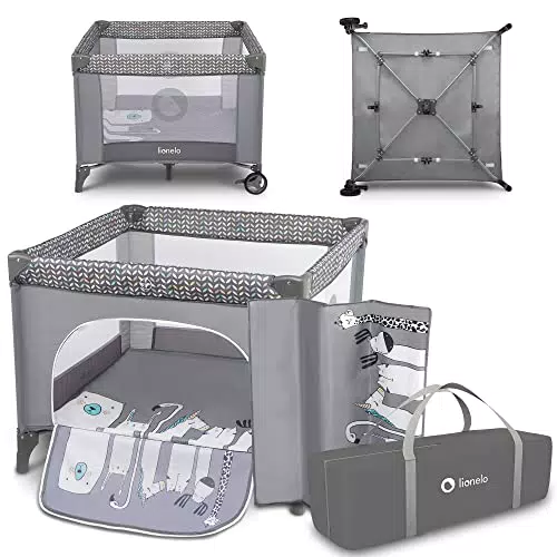 Lionelo Lene 3in1 Box bambini pieghevole 100x100cm dalla nascita fino 15kg con materasso Lettino neonato da viaggio senza spigoli vivi Entrata laterale Pareti realizzate in rete trasparente