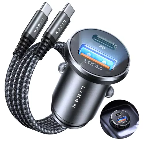 LISEN Caricatore Auto USB C PD3.0 36W Con 60W Cavo USB C QC3.0 Accendisigari Auto Ricarica Rapido Caricabatterie Auto 54W Compatibile con iPhone 16 15 14 13 12 Pro Max Galaxy S25 S23 Ultra