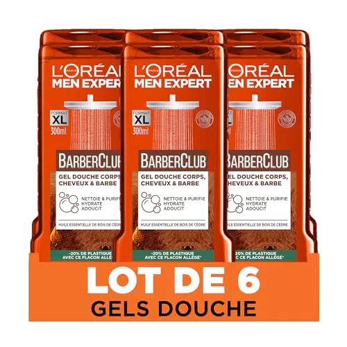 L'Oréal Men Expert Barber Club Gel Doccia Corpo, Capelli e Barba Uomo 3 in 1-300 ml - Set di 6