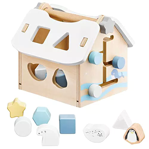 Mamabrum - Cubo attività in Legno - Giocattolo Educativo Multifunzione con Labirinto e Casa delle Forme Geometriche - 8 Blocchi
