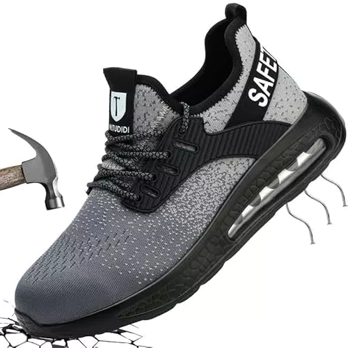 Mitudidi 43 Scarpe Antinfortunistiche Leggere Uomo Donna Scarpe da Lavoro Uomo Comode Traspiranti Antiscivolo Antinfortunistica Scarpe Antinfortunistiche Uomo con Punta in Acciaio Unisex Grigio