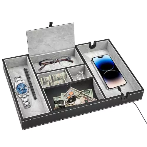 NAROSEBE Svuotatasche in PU Svuotatasche Ingresso Uomo Svuotatasche Design Moderno Vassoio Portaoggetti con 6 Scomparti Organizzatore da Comodino per Chiavi Orologio Cellulare e Occhiali