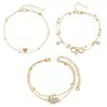 NECXON 3 PCS Women Ankle Bracelets, Gold Pearl Ankle Wrap Chain Foot Bracelet Double Layered Ankle Chain Gold Layered Anklets for Women Girls