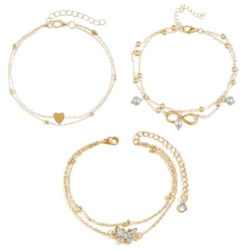 NECXON 3 PCS Women Ankle Bracelets, Gold Pearl Ankle Wrap Chain Foot Bracelet Double Layered Ankle Chain Gold Layered Anklets for Women Girls