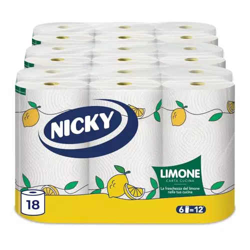Nicky Limone Carta Cucina - 18 Rotoli da 100 Fogli Assorbenti a 2 Veli
