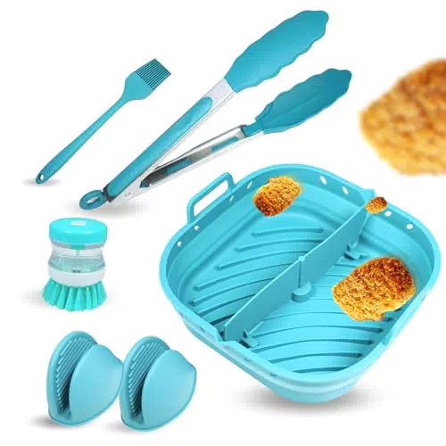 Pinisi Home Teglia per Friggitrice ad Aria - Teglie per Friggitrice ad Aria + Spazzola + Pennello + Guanti + Pinze - Contenitori per Friggitrice ad Aria - Contenitori Friggitrice ad Aria