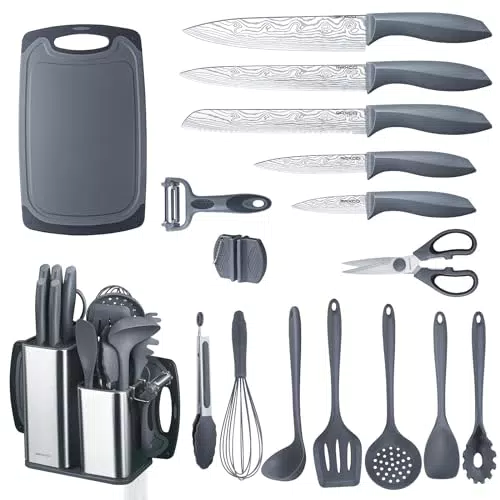 RAXCO Set di coltelli da cucina con blocco, 18 pezzi di utensili da cucina con 5 coltelli e 7 spatole in silicone