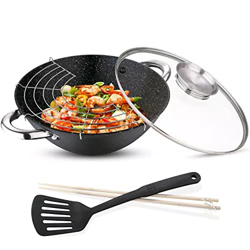 RENBERG Wasabi Wok, Padella Wok con Rivestimento in Marmo e Coperchio in Vetro