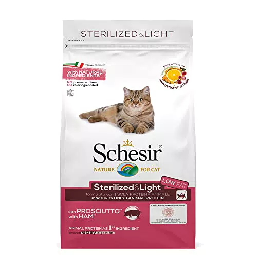 Schesir Sterilized & Light, Cibo Secco per Gatti Adulti Sterilizzati al Gusto Prosciutto