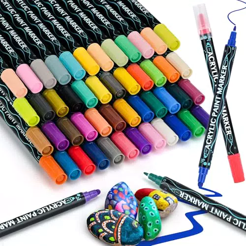 Sofore 48 Colori Pennarelli a Vernice Acrilica, Pennarelli Doppia Punta Fine 1 mm e 1-5mm Punta Pennello Pietra