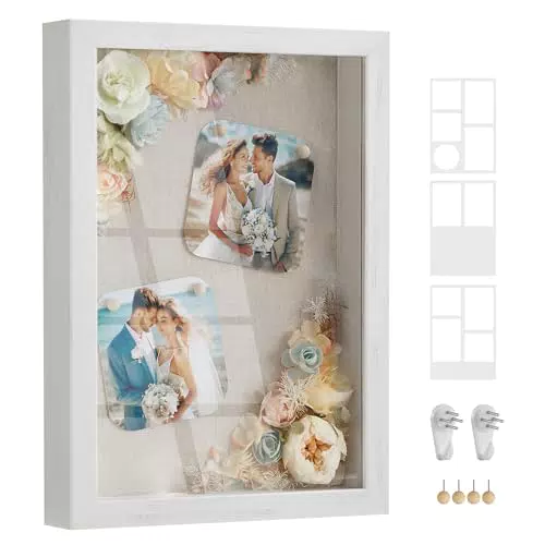 SONGMICS Cornice Portafoto con 3 Passepartout, Scatola per Ombretti con 4 Puntine
