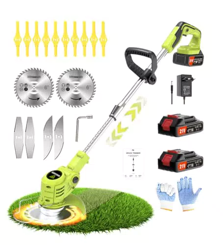 21V Decespugliatore a Batteria Wrneaoch Decespugliatore con 6.000 RPM e motore da 650W Tagliaerba Elettrico con 2 Batterie da 2