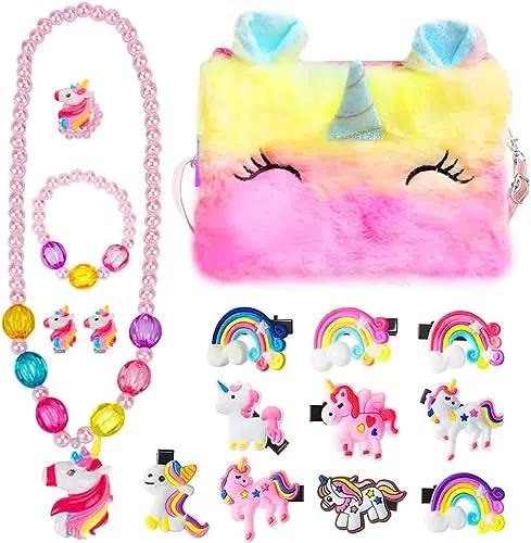 BIQIQI Set Unicorno Peluche e Accessori per Bambine: Gioielli e Mollette