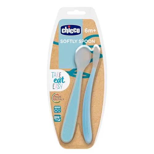 Chicco Cucchiaino Svezzamento in Silicone, Set 2 Cucchiai Morbidi per Neonati e Bambini