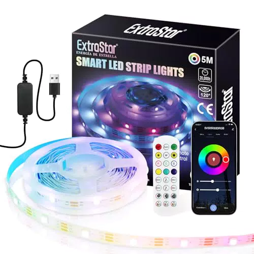 EXTRASTAR Striscia LED 5M, Luci Led Camera da Letto con APP Bluetooth e Telecomando