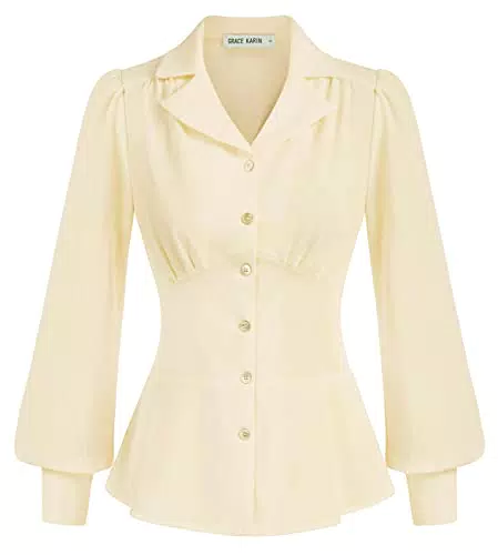 GRACE KARIN Blusa Vintage Donna con Bottoni Camicia Vittoriano con Scollo a V a Manica Lunga Tinta Unita Albicocca XX