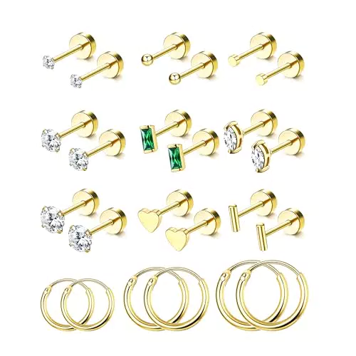 JeweBella 12 Paia Orecchini Donna Acciaio Chirurgico Oro Placcato 14K Orecchini Set Argento/Oro Piccoli Orecchini a Lobo Orecchini a Cerchio Set per Multipli Piercing Orecchio