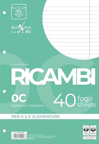 Pigna Fogli A4 con 4 Fori per Archiviazione, Righe con Margine, Senza Rinforzo