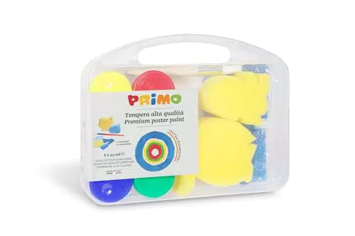 PRIMO - Valigetta Colori per Bambini +3 Anni, 6 Tempere Lavabili per Bambini 44 ml + 2 Spugne e Pennelli