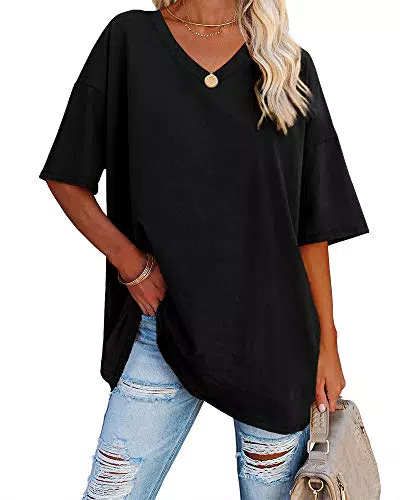 Ebifin Maglietta Oversize da Donna con Scollo a V Manica Corta Estiva Casual
