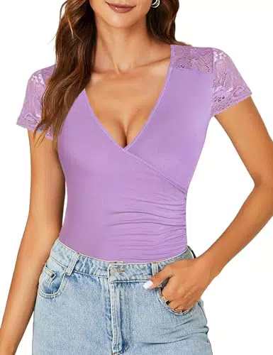 Gyabnw T-Shirt Donna Slim con Pizzo e Maniche Corte in Tessuto Morbido
