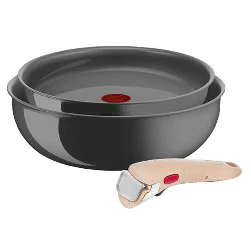 Lagostina Ingenio Vivissima, Set Padella 24cm e Wok 26cm in Ceramica Antiaderente con Manico Rimovibile Beige