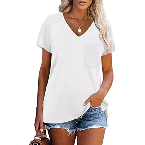 MeeQee Donna Magliette Manica Corta con Scollo a V Estive Magliette Basic con Tasca Casual Sciolto Comodo Maglietta Maniche Corte Tops per Donne