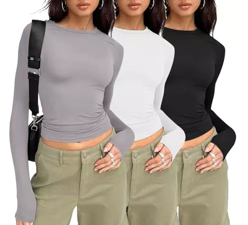 MSIYOW 3 Pezzi Maglia Maniche Lunghe Donna Magliette T-Shirt Donna Y2K Manica Lunga Crop Top