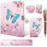 Set di Diario Segreto Bambina, Rosa Farfalla Diario Segreto con Lucchetto Penna con 6 Colori Diversi Mini Bloc Notes Righello & Temperamatite