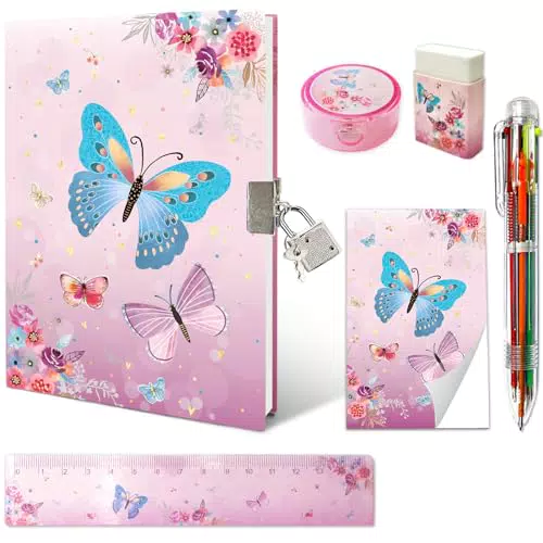 Set di Diario Segreto Bambina, Rosa Farfalla Diario Segreto con Lucchetto Penna con 6 Colori Diversi Mini Bloc Notes Righello & Temperamatite