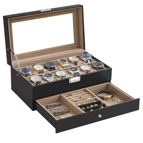 SONGMICS Porta Orologi a 12 Posti con Coperchio in Vetro e Cassetto JWB012