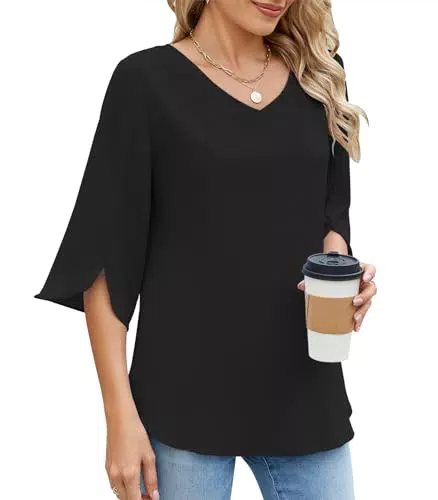 Zetieny Camicia da Donna Elegante con Scollo a V e Maniche 3/4 Traspirante