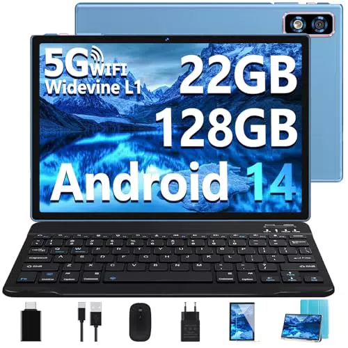 Tablet Android 14, 10" Octa Core, 22GB RAM, 128GB ROM, Tastiera e Mouse 2 in 1