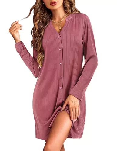 Ekouaer Camicia da Notte Lunga Donna con Bottoni e Scollo a V Invernali