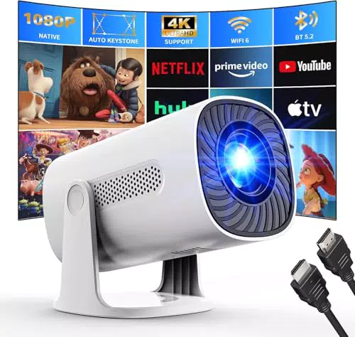 Mini Proiettore 4K con WiFi 6, Bluetooth e Android TV OS - Proiettore con Auto Keystone e Altoparlanti Stereo