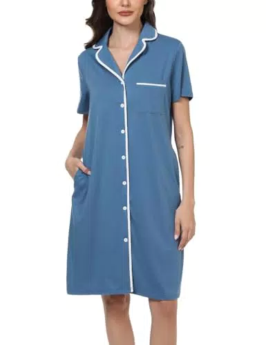 Quoboquo Camicia da Notte Donna in Cotone con Bottoni e Manica Corta
