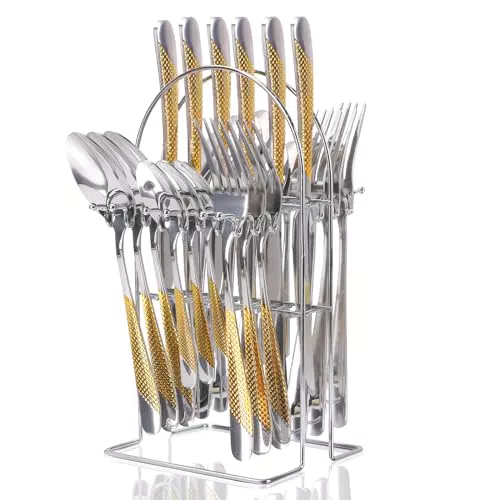 Set di posate dorate con supporto - Servizio per 6, cucina domestica
