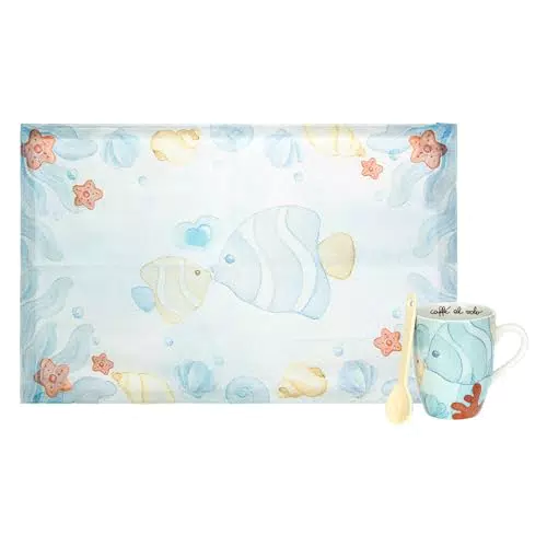 THUN Mug in Porcellana con Tovaglietta Cotone - Idea Regalo per la Cucina