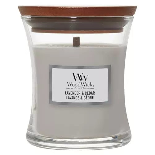 WoodWick Candela profumata con stoppino scoppiettante - Lavanda e cedro, 20 ore di combustione