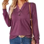 Atxnn Camicia da Donna a Maniche Lunghe con Scollo a V e Bottoni Decorativi
