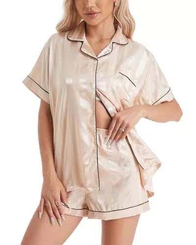 Atxnn Pigiama Donna in Raso Elegante Estivo a Maniche Corte con Bottoni