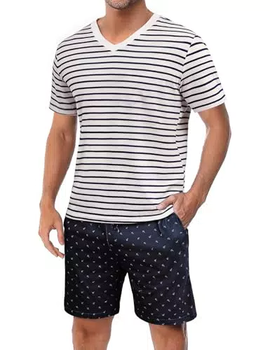 Marvmys Pigiama Estivo da Uomo in Cotone con Scollo a V e Maniche Corte