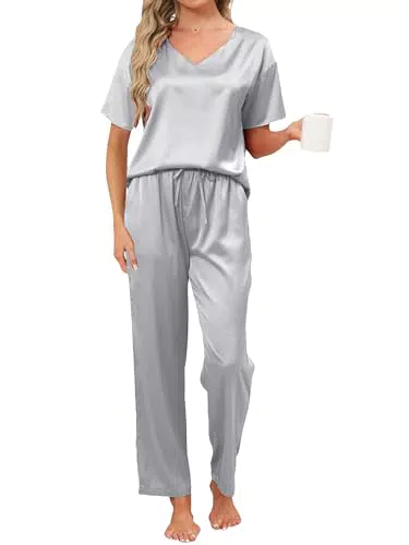 Reliwel Pigiama Donna Estivo Pigiama Corto Donna in Seta a Manica Corta Scollo V Pigiami Due Pezzi Camicia da Notte Morbido Comodo