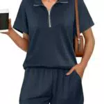 Terecey Tuta Sportiva Estiva Donna Manica Corta Scollo a V con Mezza Zip