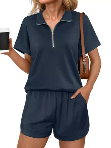 Terecey Tuta Sportiva Estiva Donna Manica Corta Scollo a V con Mezza Zip