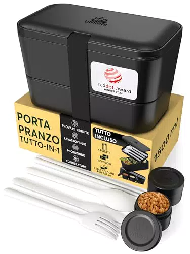 Umami Porta Pranzo Ergonomico Impilabile con Scomparti e Posate, Microonde e Lavastoviglie