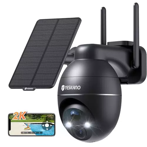 YESKANO Telecamera Wi-Fi Esterna con Pannello Solare, PTZ 360°, Visione Notturna