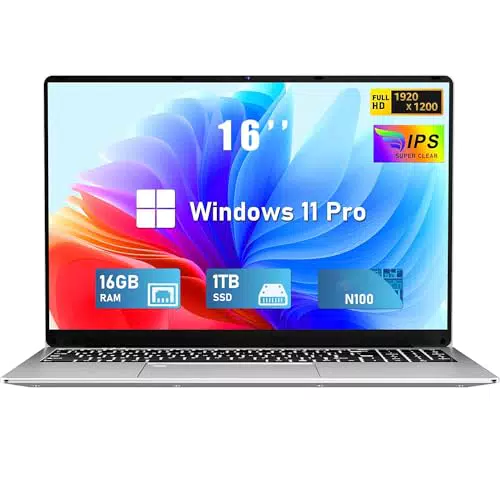 PC Portatile 2025 Celeron N100, 16" FHD 16GB RAM, 1TB SSD, Win 11 Pro, BT 5.0